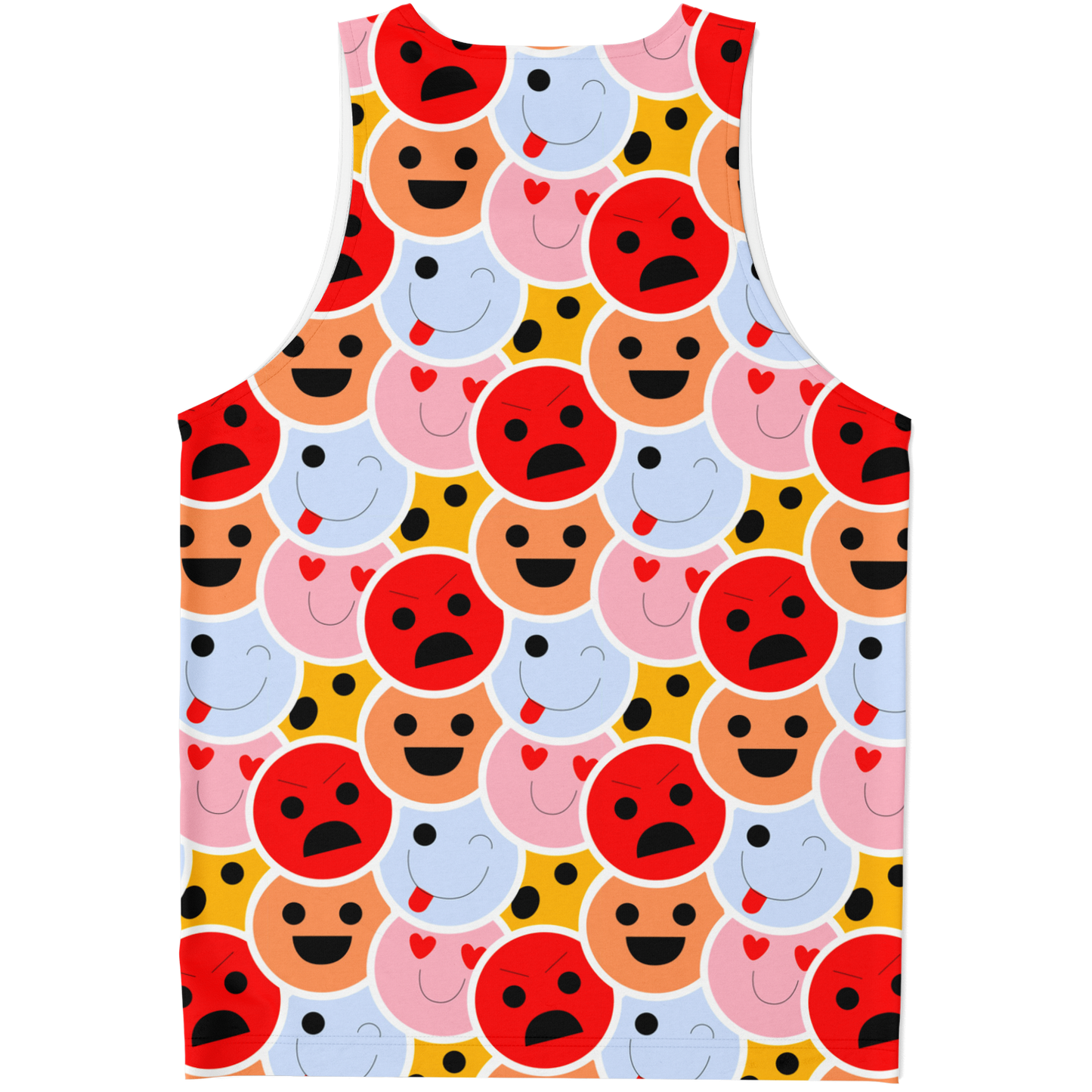 Flatlay back view of Emoji Vibes Tank Top with a vibrant mix of happy, silly, and surprised emoji faces