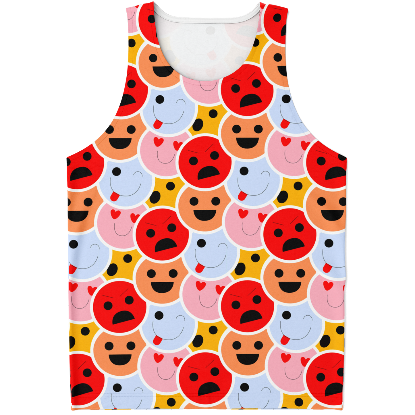 Flatlay front view of Emoji Vibes Tank Top featuring colorful expressive emoji pattern on white background