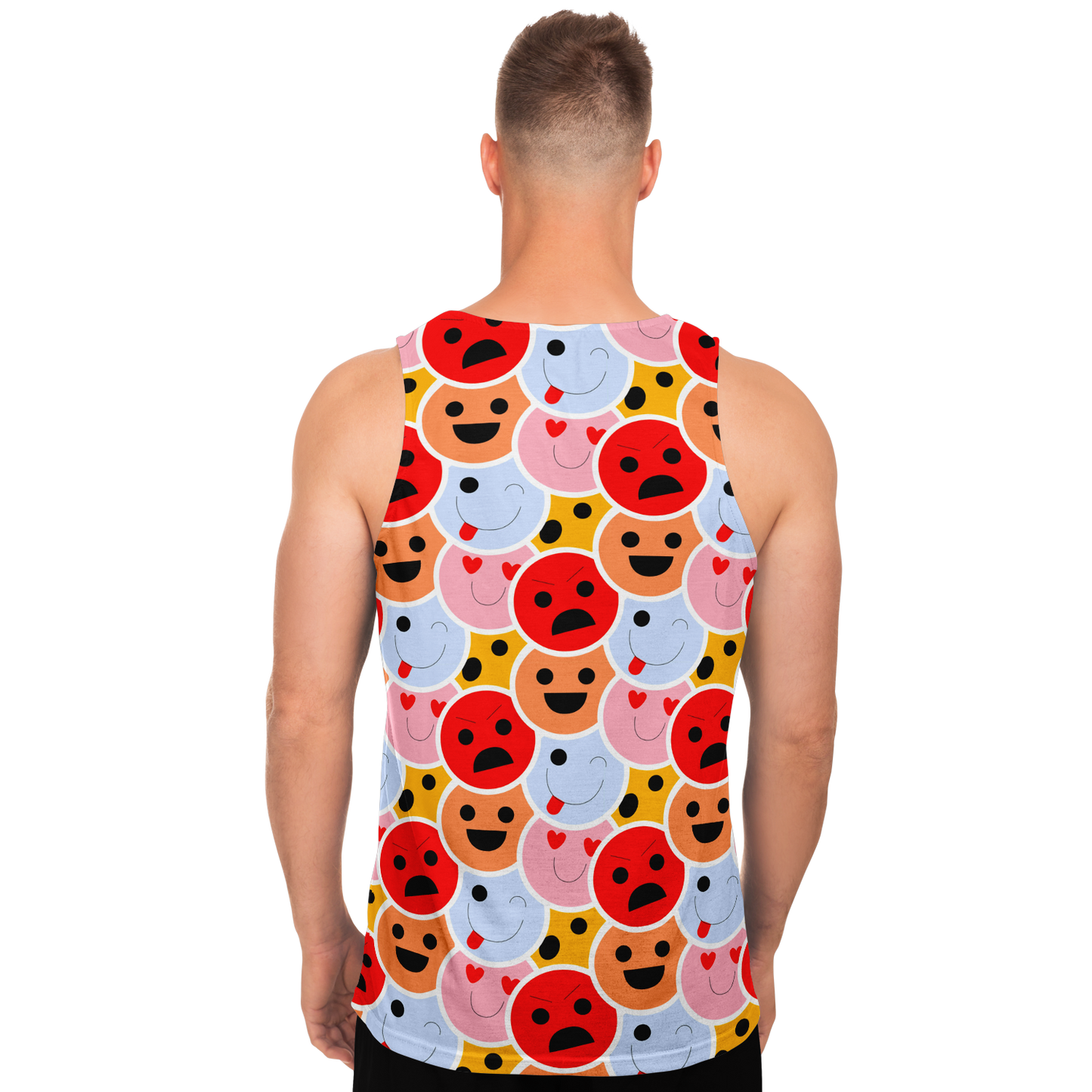 Back view of male model in Emoji Vibes Tank Top with vibrant, humorous emoji graphics