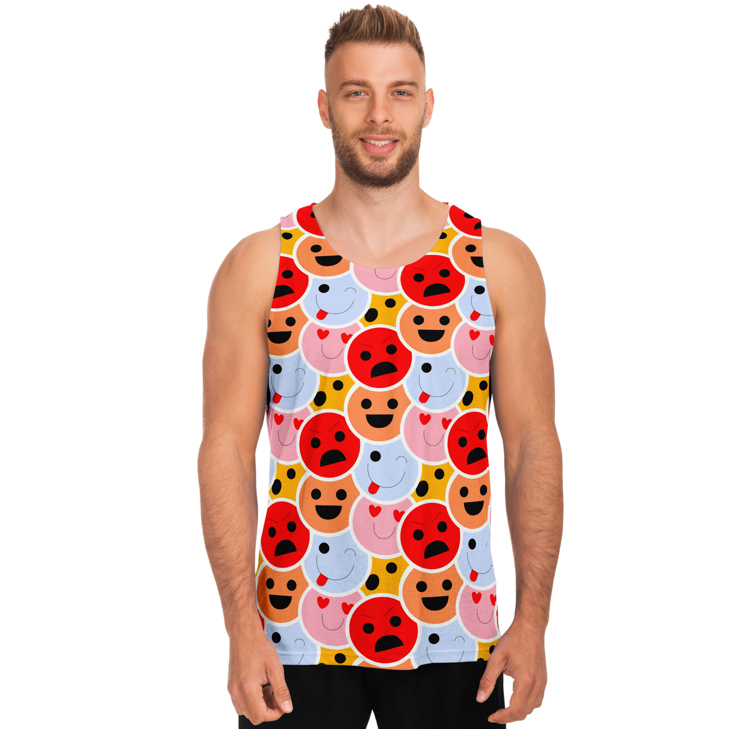 Front view of man modeling Emoji Vibes Tank Top with quirky and animated emoji expressions