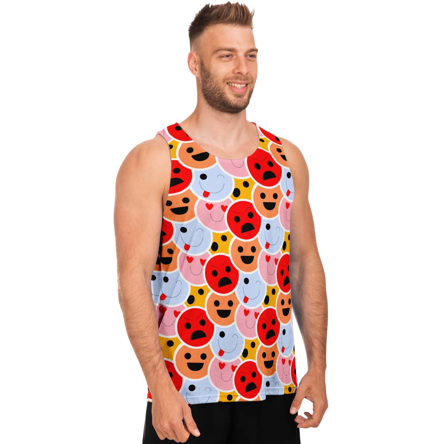 Side view of man wearing Emoji Vibes Tank Top featuring a lively emoji face pattern