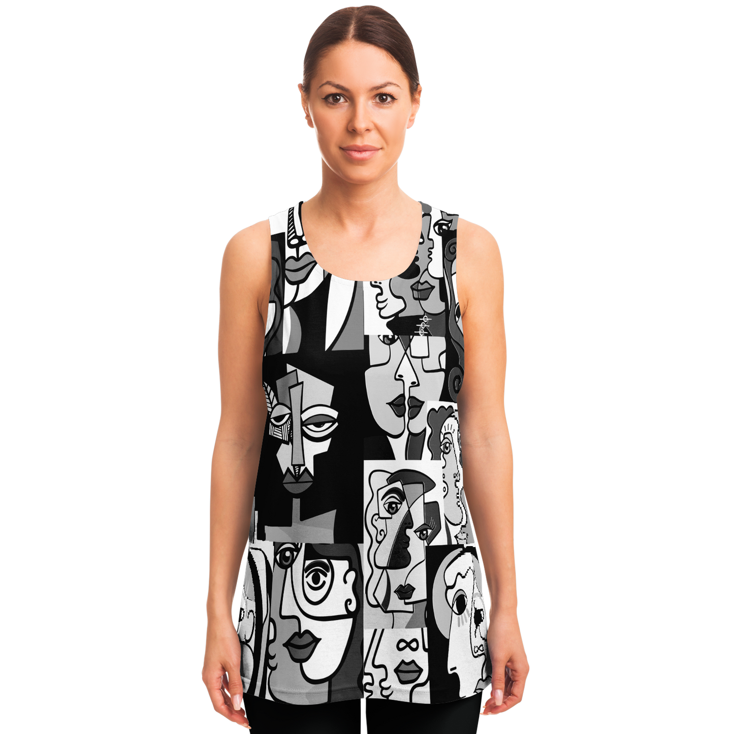 Front view of woman modeling Face Fusion Tank Top with bold monochrome artistic face graphics