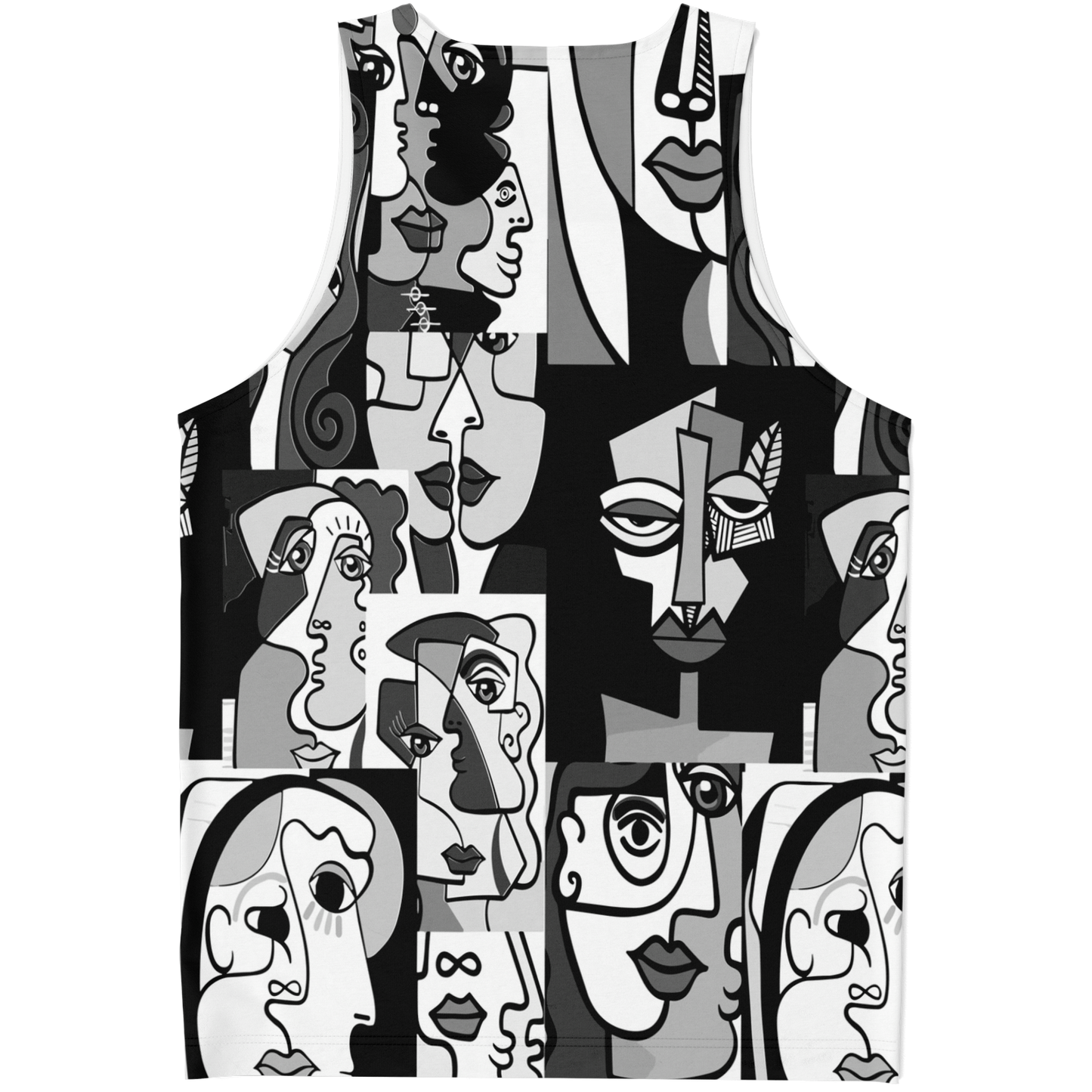 Flatlay back view of Face Fusion Tank Top showcasing a seamless collage of expressive line-drawn faces
