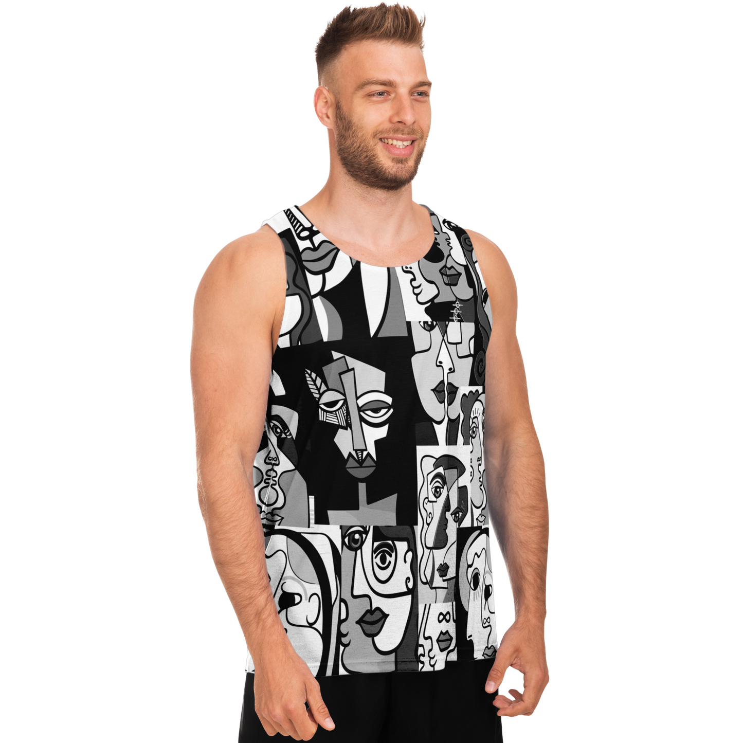 Male model in angled pose wearing Face Fusion Tank Top with linear artistic faces design