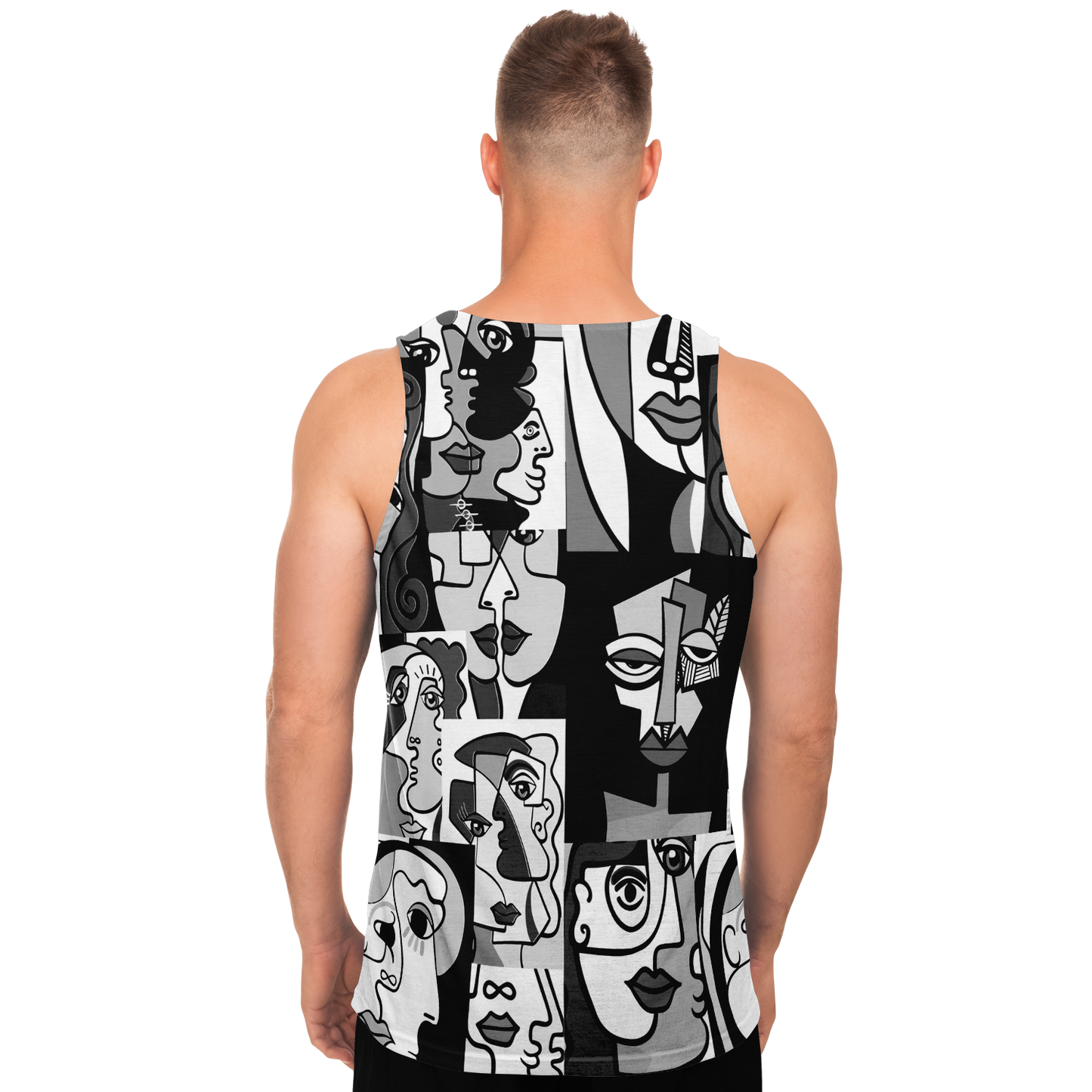 Back view of male model wearing Face Fusion Tank Top with detailed abstract art faces design