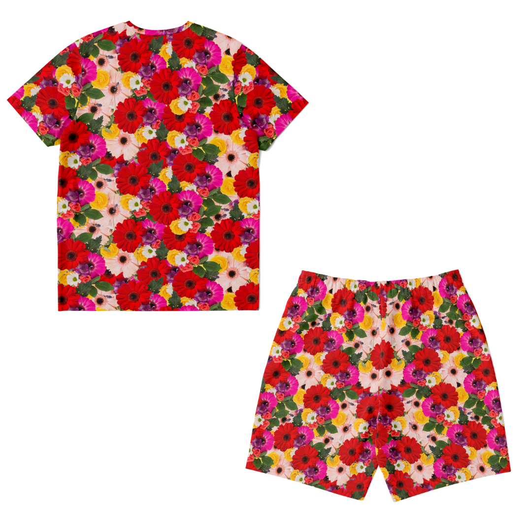 Back view of floral co-ord set featuring all-over red, yellow, and purple flower print