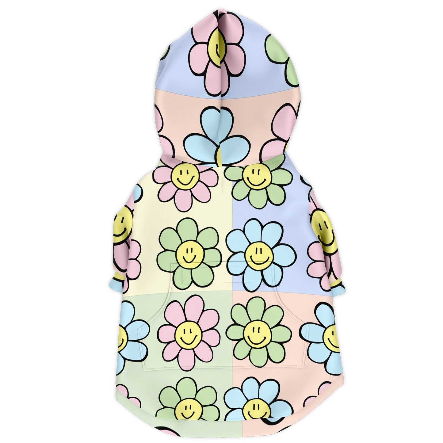 Back view of floral print dog hoodie featuring colorful smiley flower design