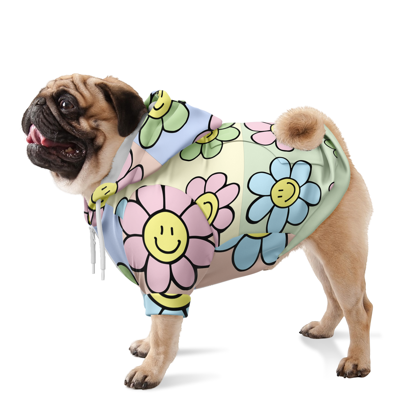 Dog standing in floral print hoodie with all-over colorful flower design