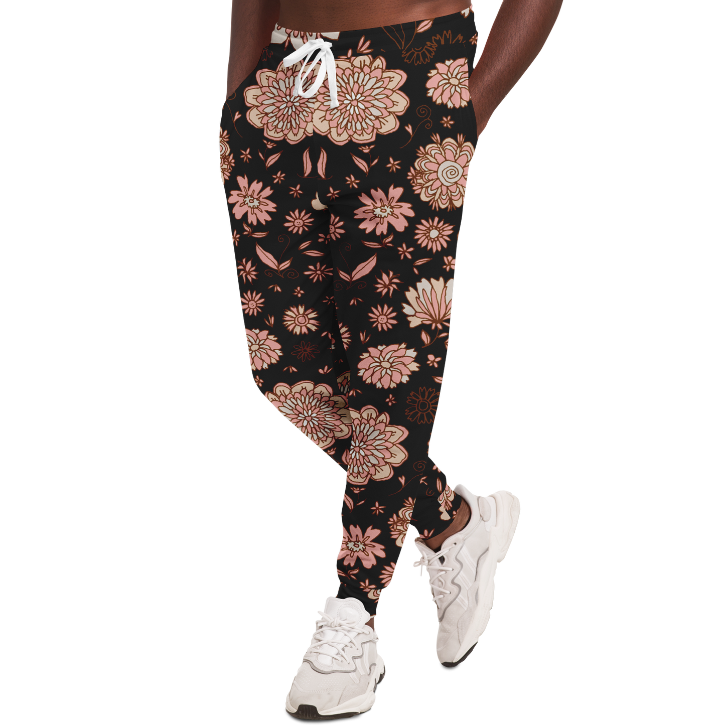 Floral Print Joggers – Model in motion pose emphasizing comfort and print visibility