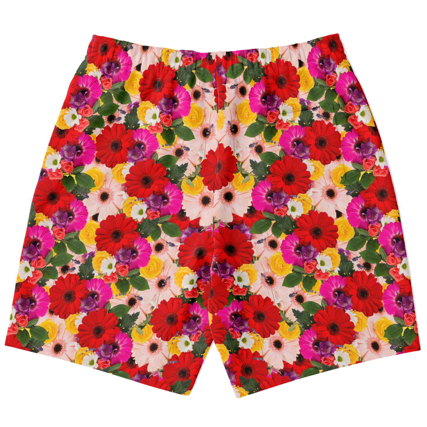 Back view of floral co-ord shorts with high-definition red floral print
