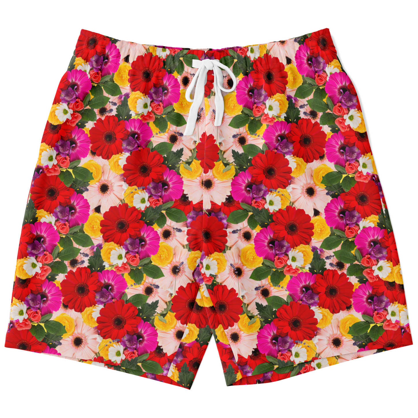 Front view of floral print shorts with drawstring and bright red flower pattern