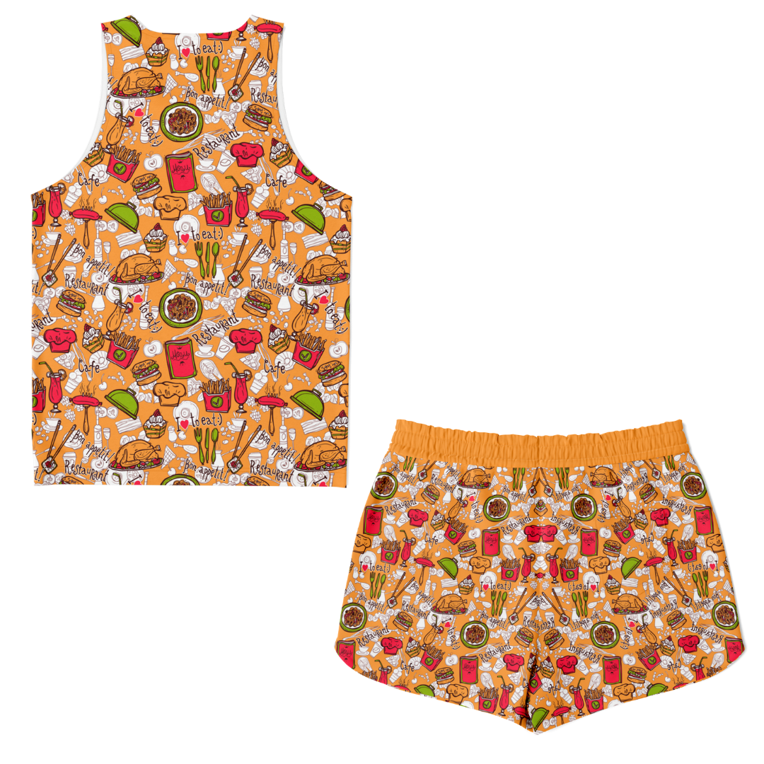 Back view of Foody Fit co-ord set featuring all-over fruit and snack print
