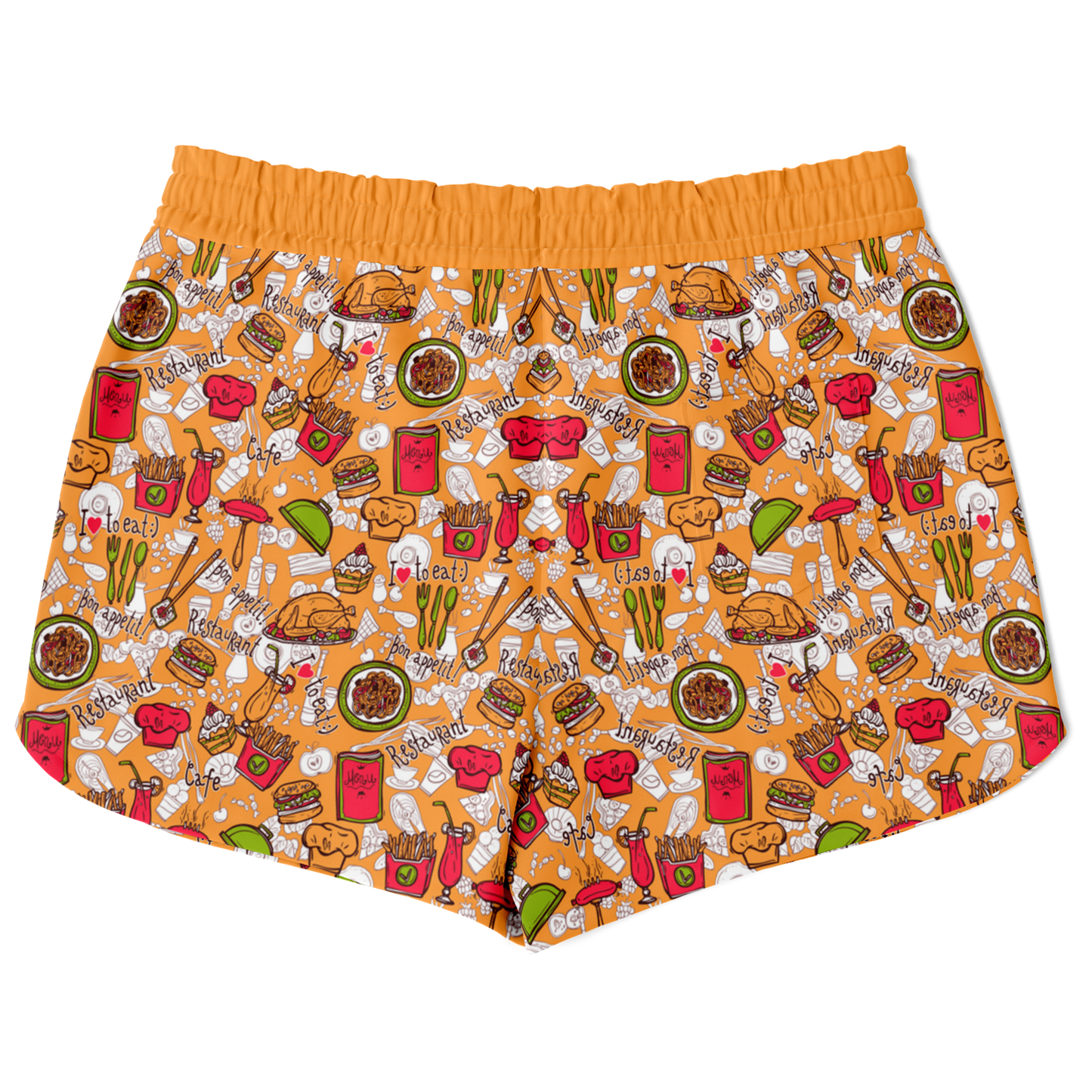 Back view of Foody Fit co-ord shorts with fun fruit and snack-themed print