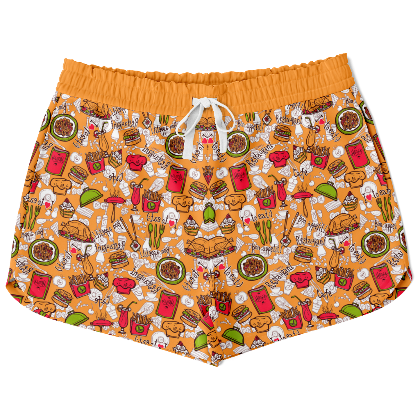 Front view of Foody Fit co-ord shorts with orange waistband and graphic print