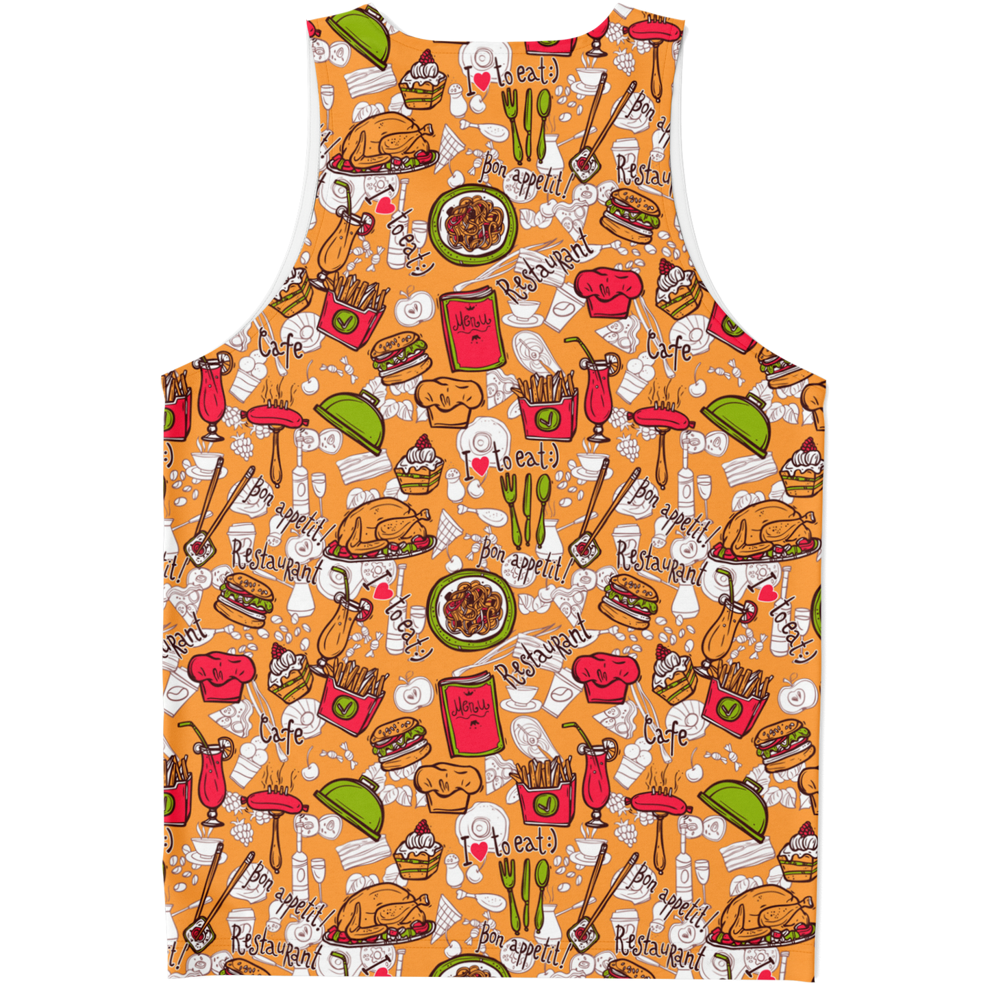 Back of Foody Fit tank top with high-definition food graphics in warm colors