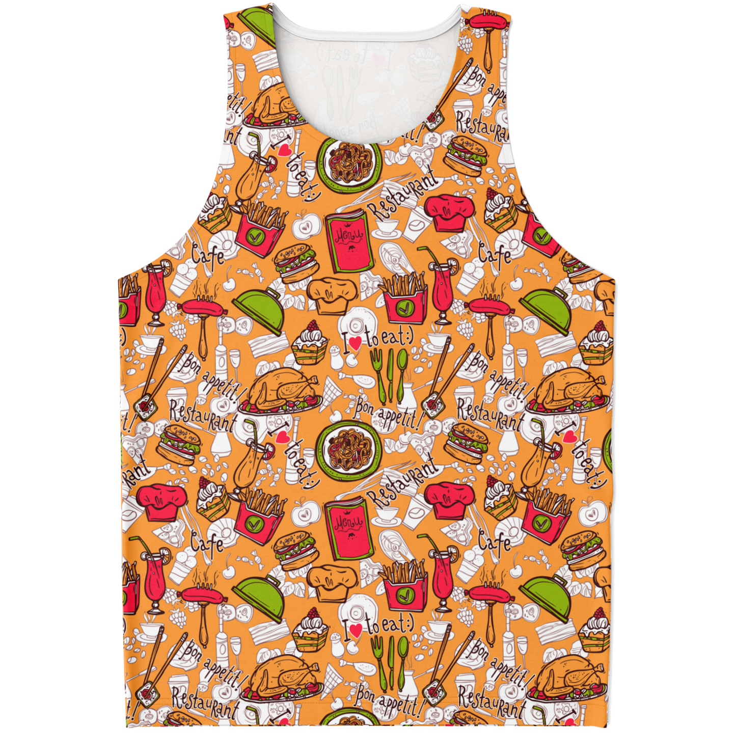 Front view of Foody Fit co-ord shorts with orange waistband and graphic print