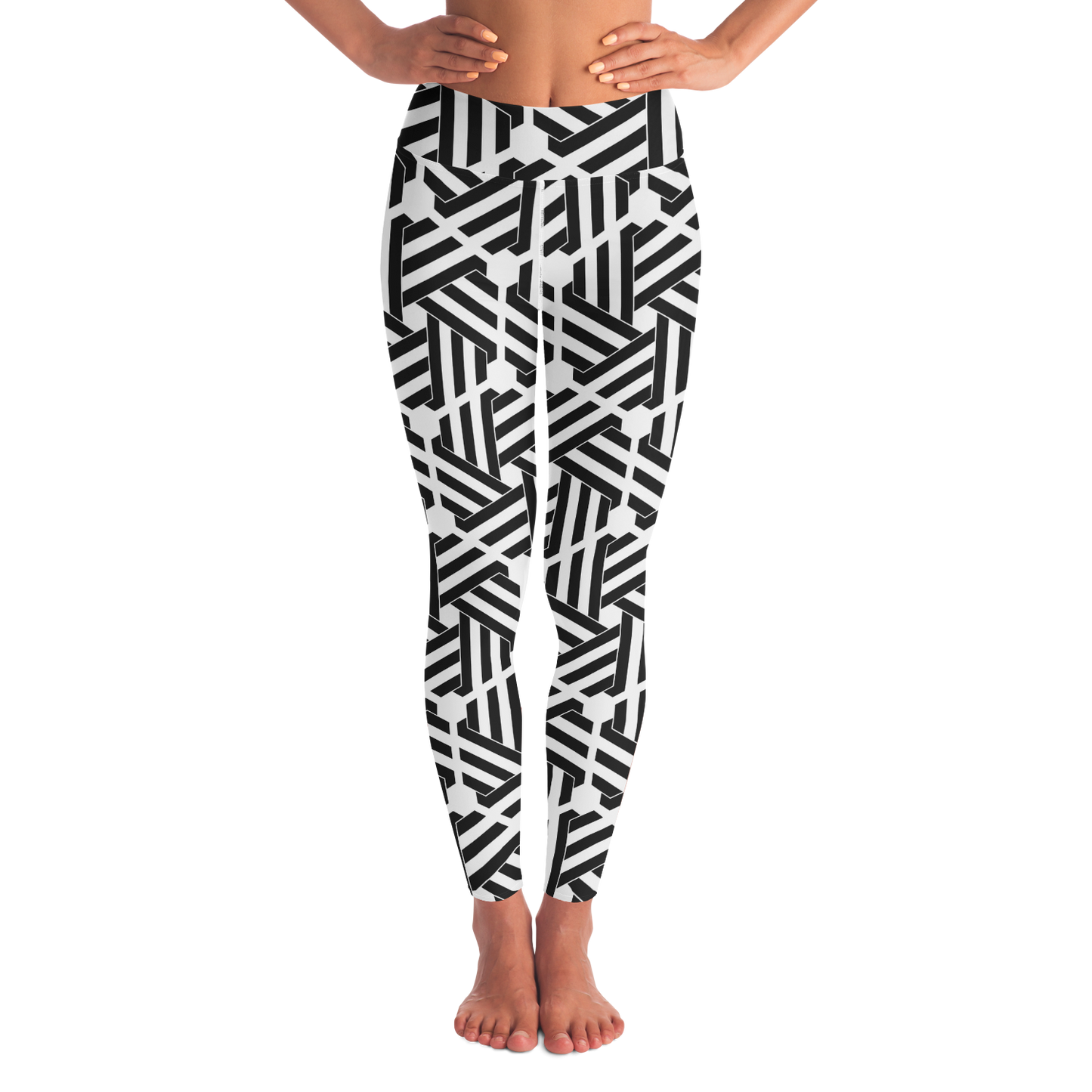 Geometric Print Leggings – Front view with bold black and white angular design