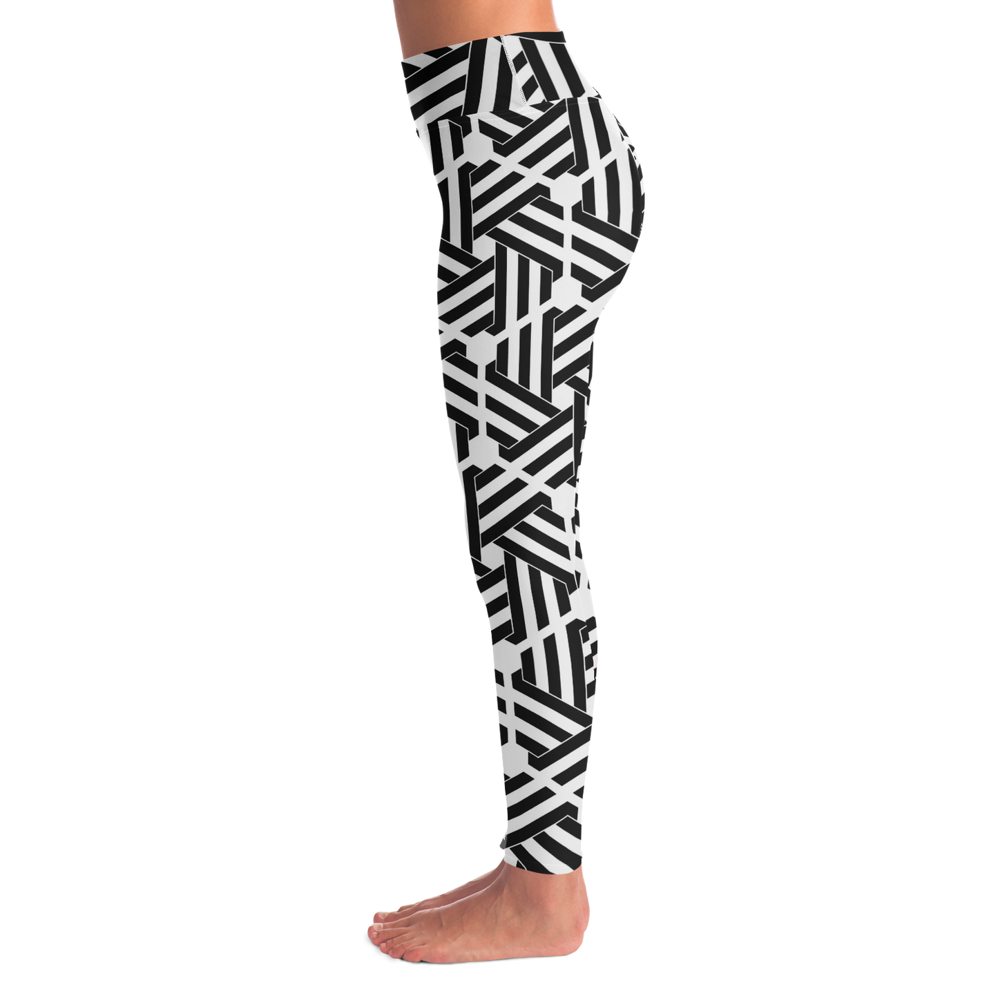 Geometric Print Leggings – Left side view highlighting modern monochrome lines