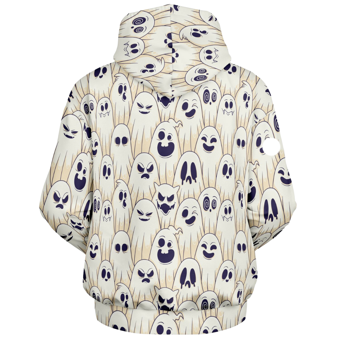 Back view of the Halloween ghost hoodie laid flat, showing the pattern on the back and hood.