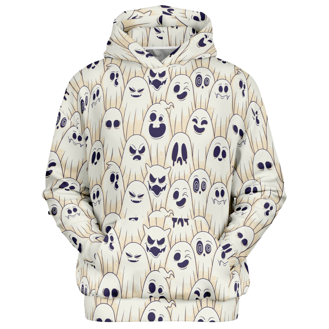 Front view of the Halloween ghost hoodie laid flat, showing the pattern on the front