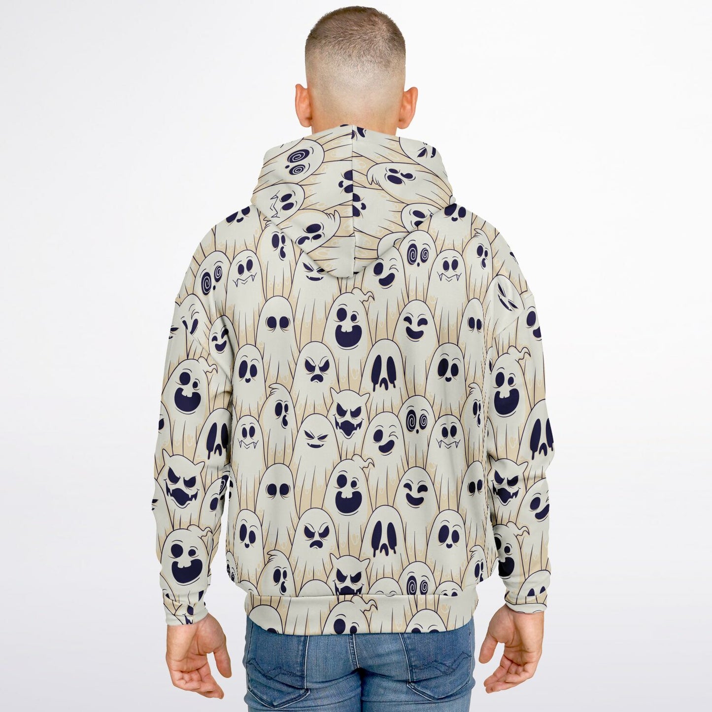 Back view of a man wearing the all-over print ghost pattern hoodie.