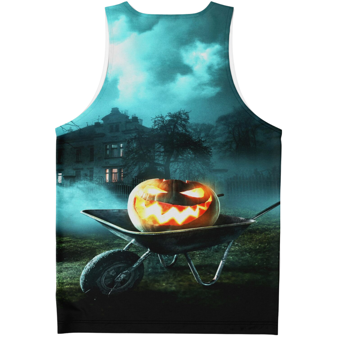 Back view of the Halloween tank top laid flat, showing the spooky haunted house scene.