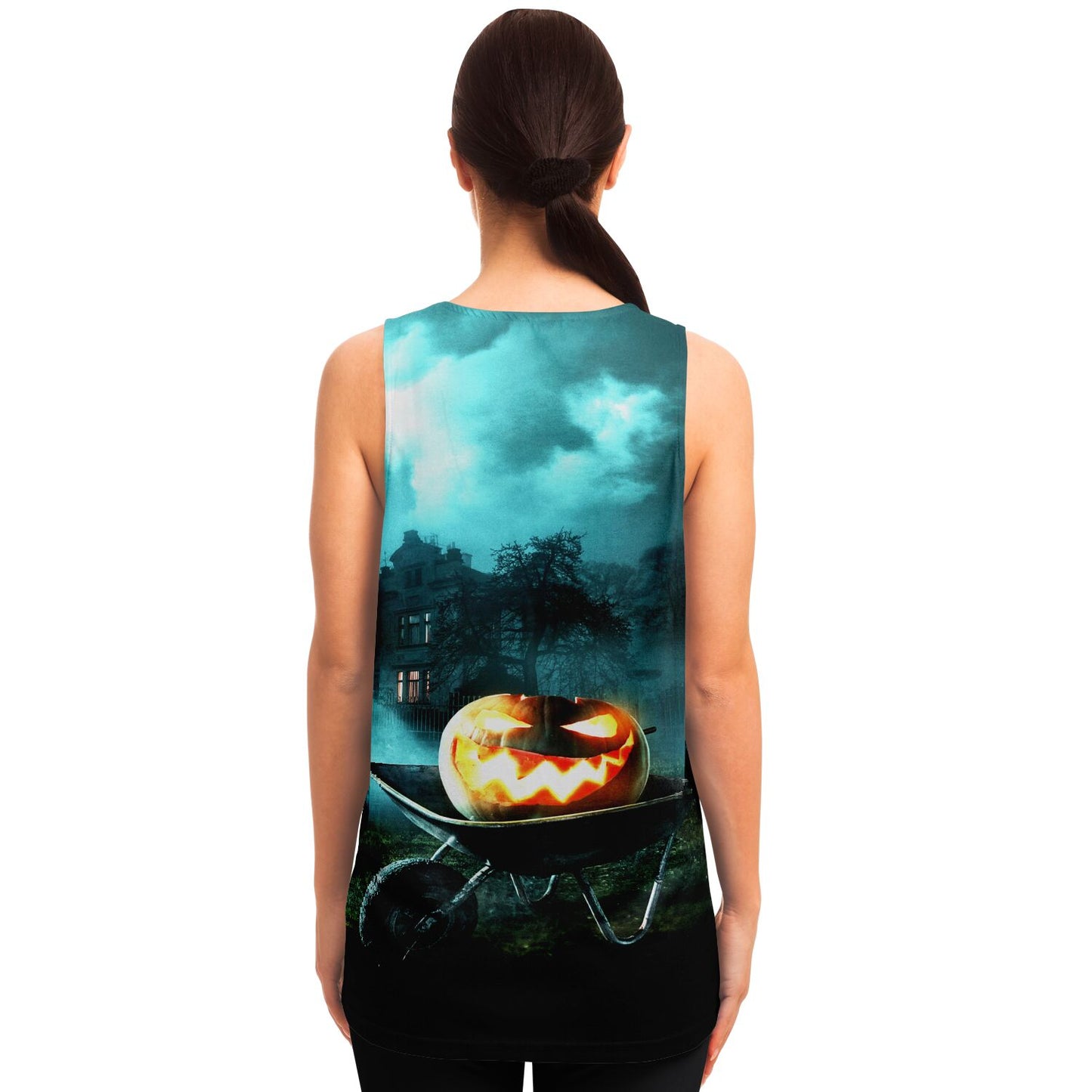 Back view of a woman wearing the spooky haunted pumpkin scene tank top.