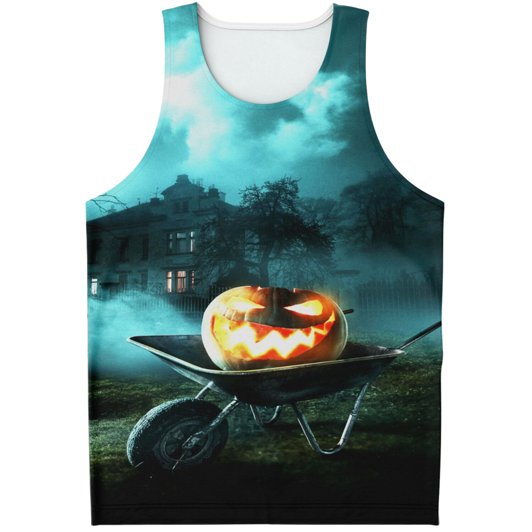 Front view of a tank top laid flat, with a graphic of a glowing jack-o'-lantern in a wheelbarrow.
