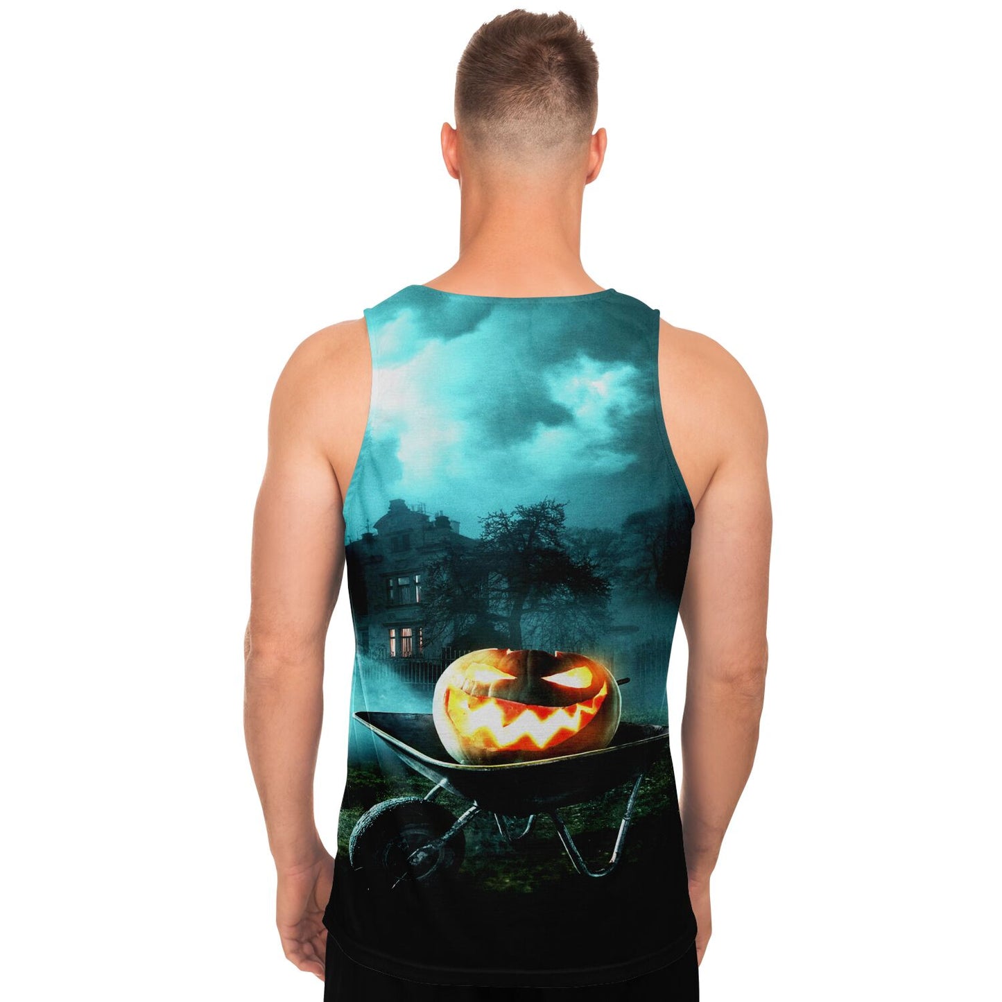 Back view of a man wearing the tank top with the haunted house and pumpkin design.