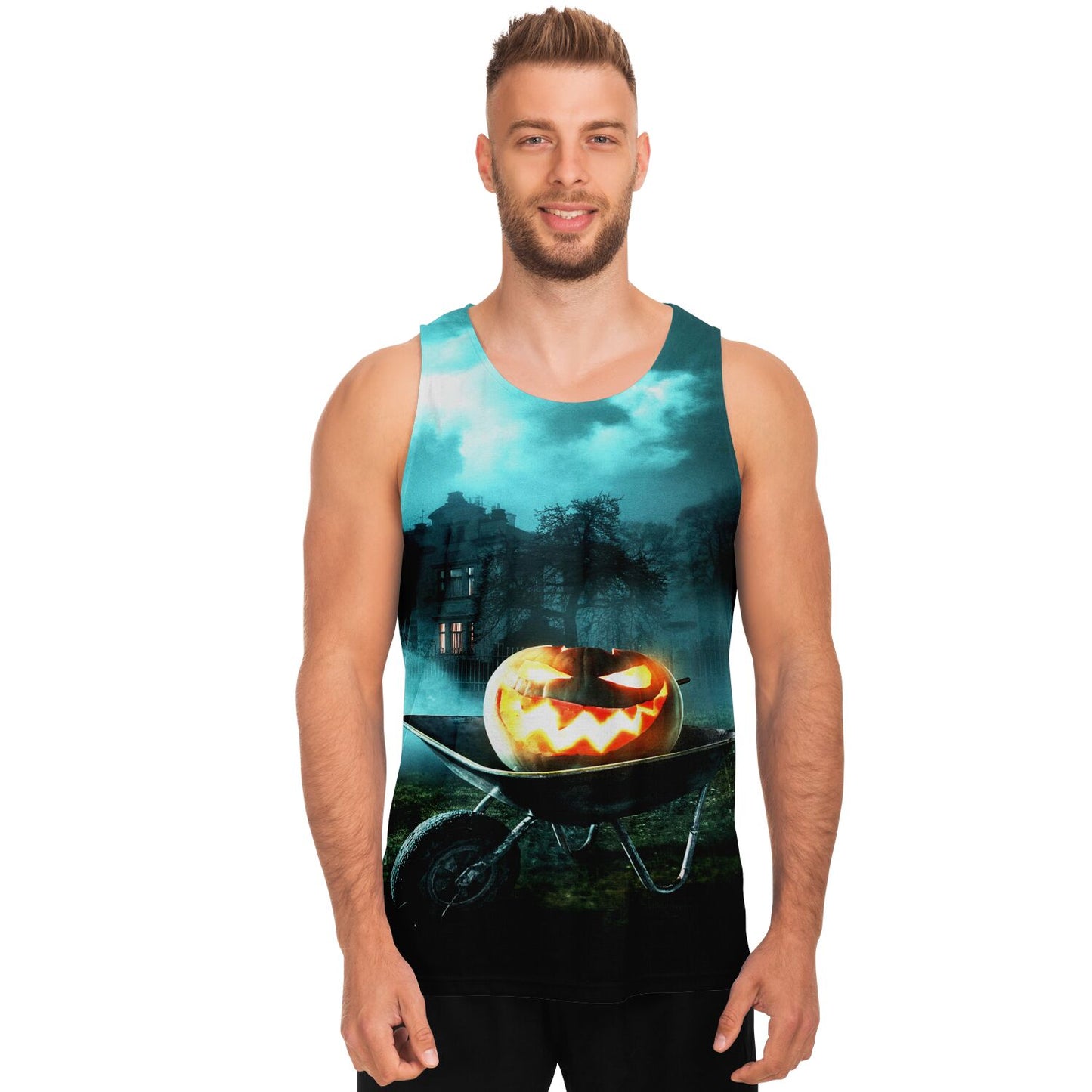 A smiling man wearing the Halloween tank top with a glowing graphic.