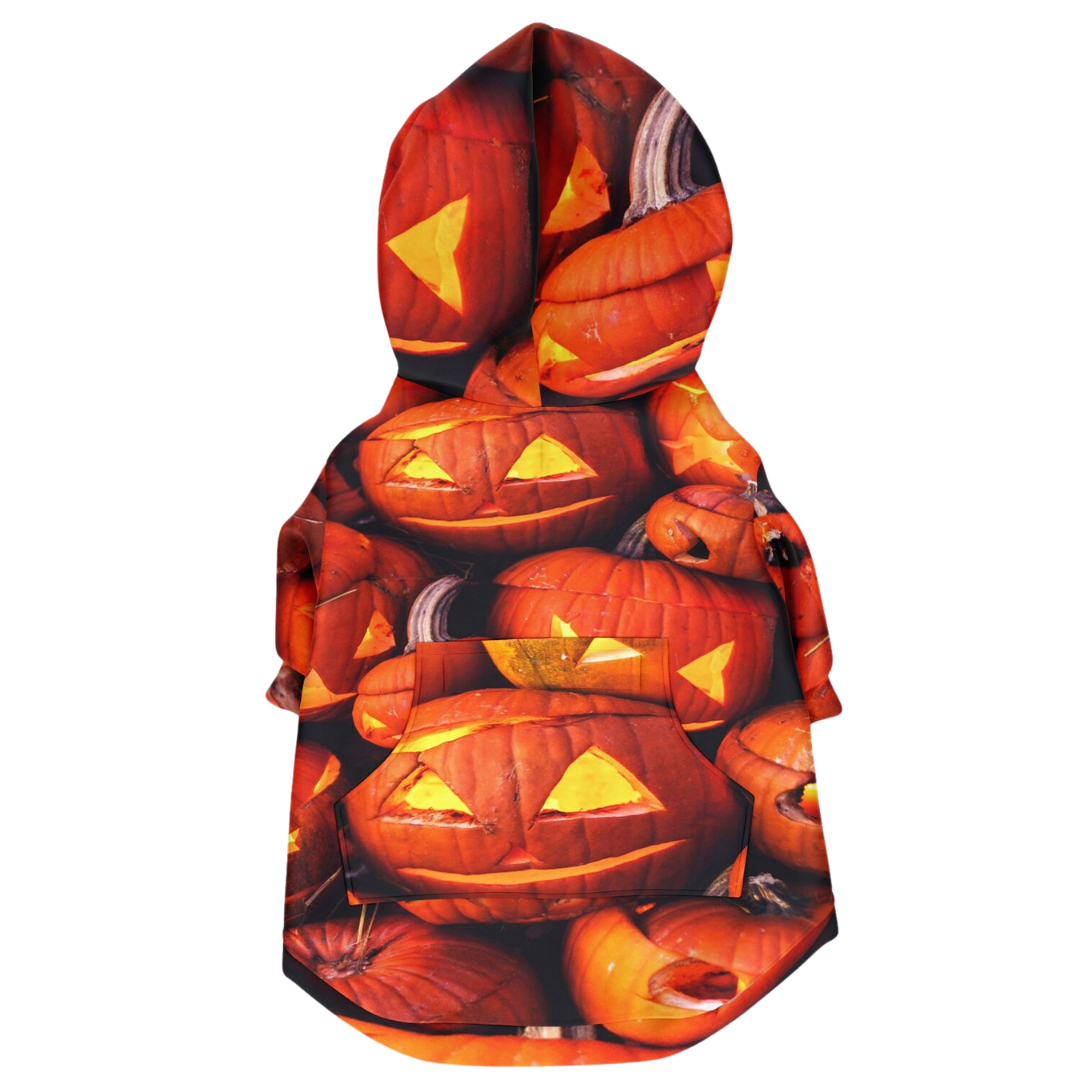 Back view of the Halloween pumpkin dog hoodie laid flat, showing the full pattern.