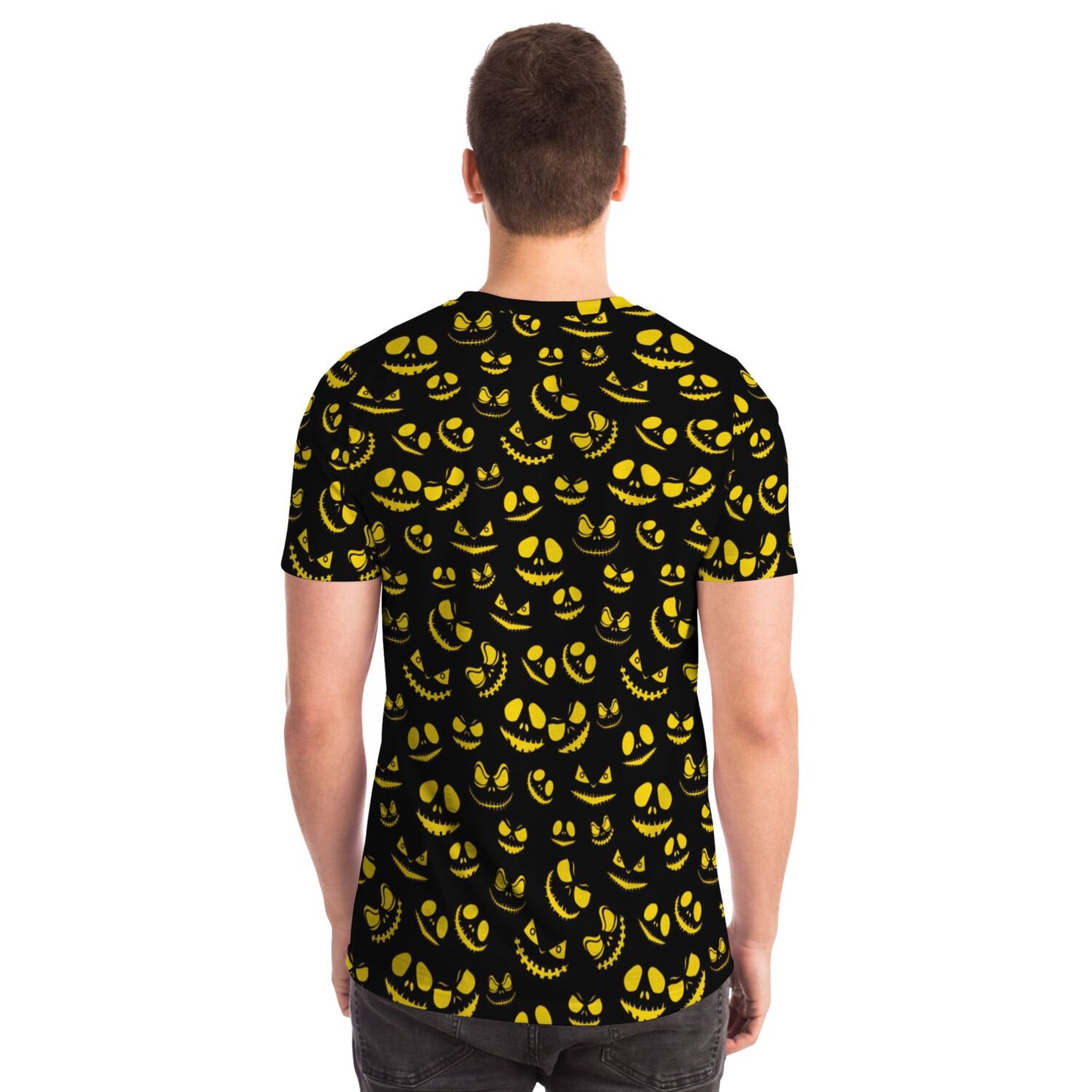 Back view of a man wearing the sinister grins all-over print Halloween t-shirt.