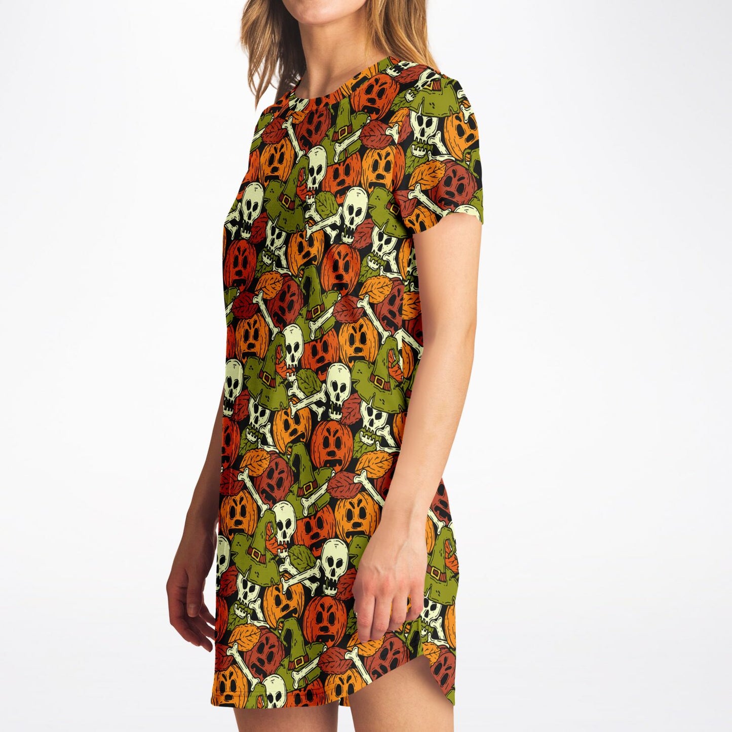 Side view of a woman wearing the Halloween-patterned t-shirt dress, showing its fit and sleeve length.
