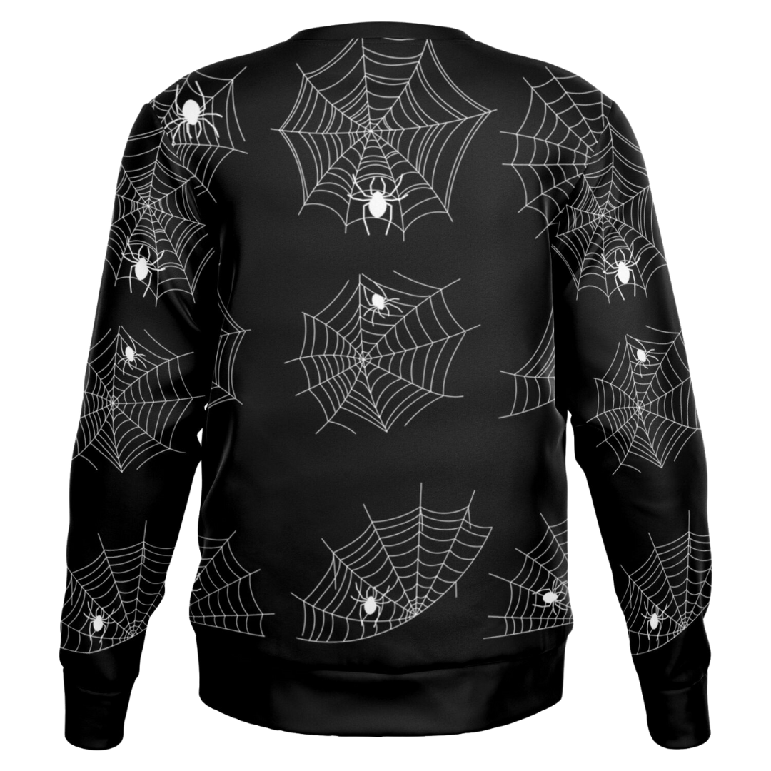 Back view of the black spiderweb sweatshirt laid flat, showing the full pattern on the back and sleeves.