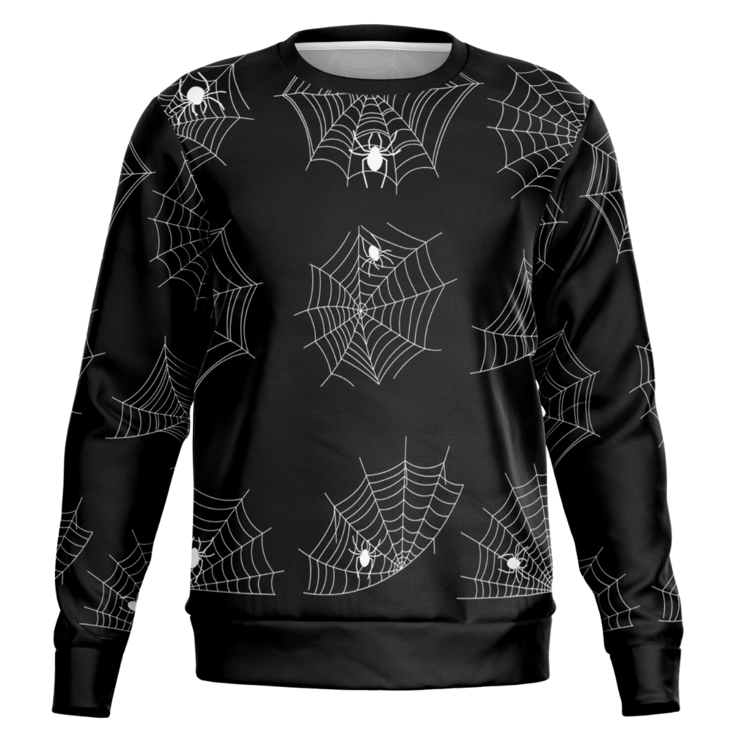 Front view of a black sweatshirt laid flat, featuring a repeating white spiderweb pattern.