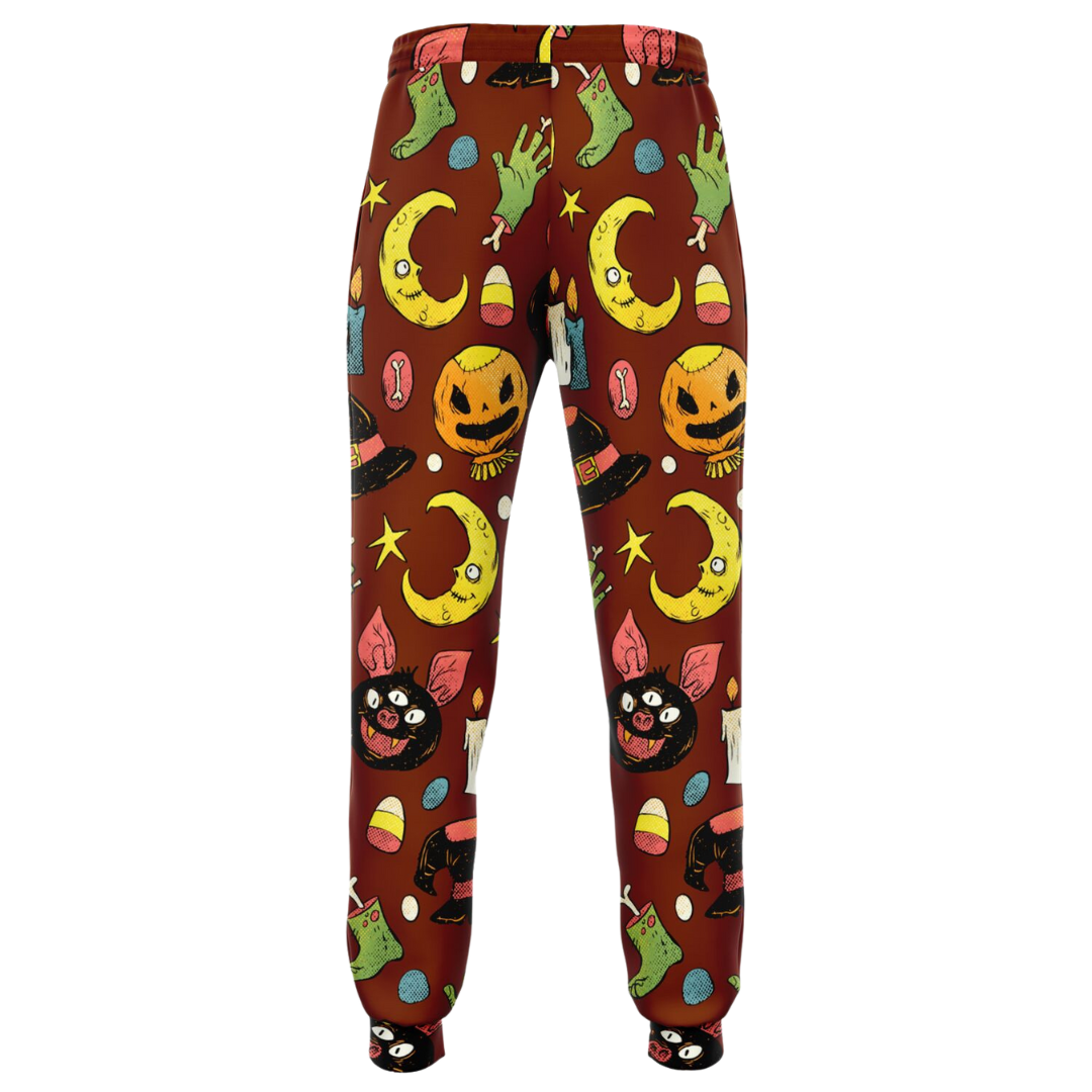 Back view of the Halloween-themed joggers laid flat, showing the repeating pattern of pumpkins and moons.