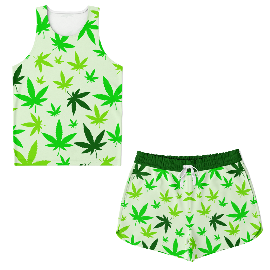 Front view of High Vibe co-ord set with green leaf-printed tank top and shorts laid flat