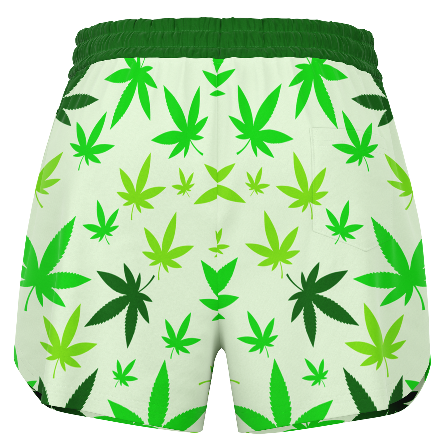 High Vibe Shorts back view with green cannabis leaf pattern