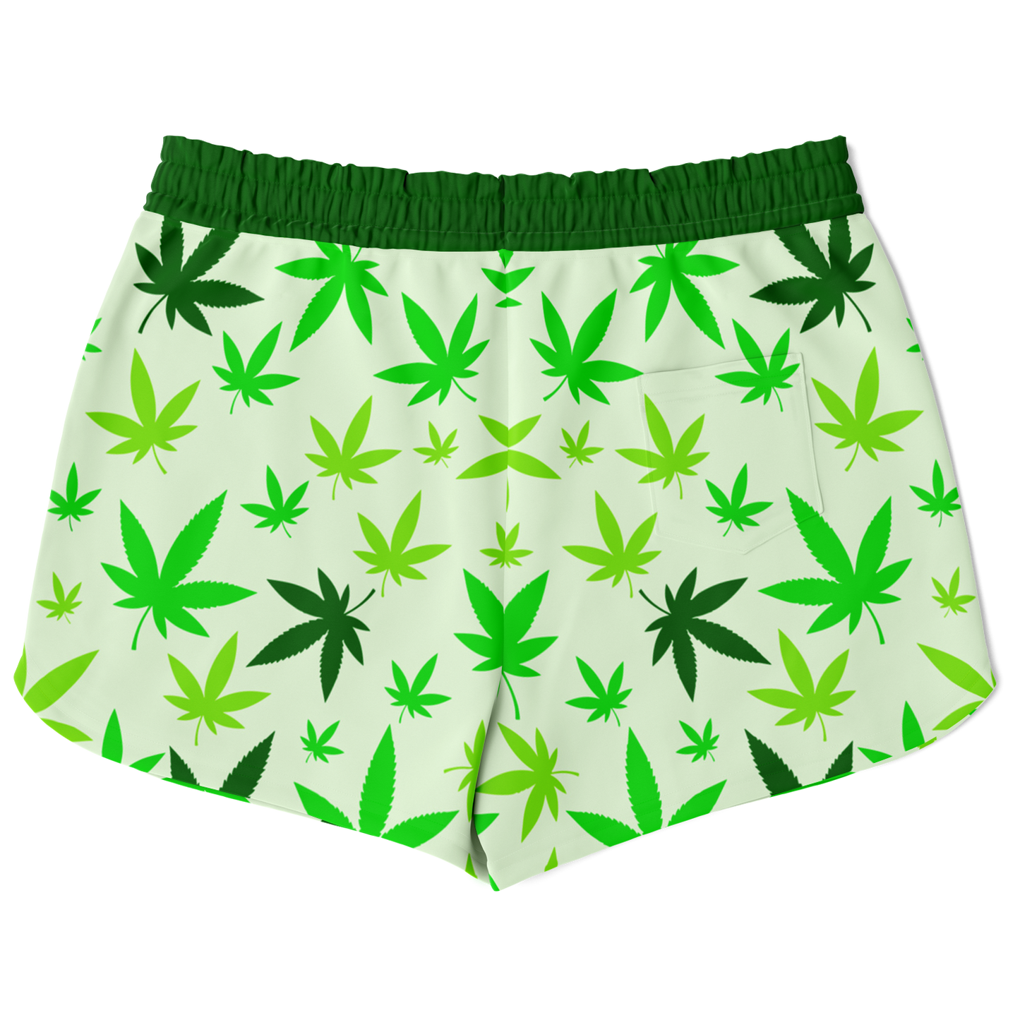 High Vibe Shorts back flat view with green cannabis leaf pattern