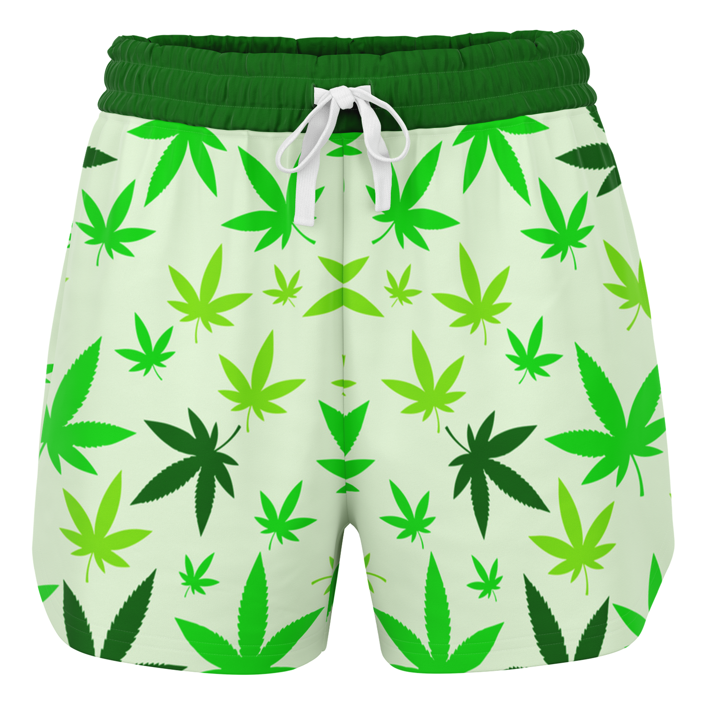 High Vibe Shorts front flat view with green cannabis leaf pattern