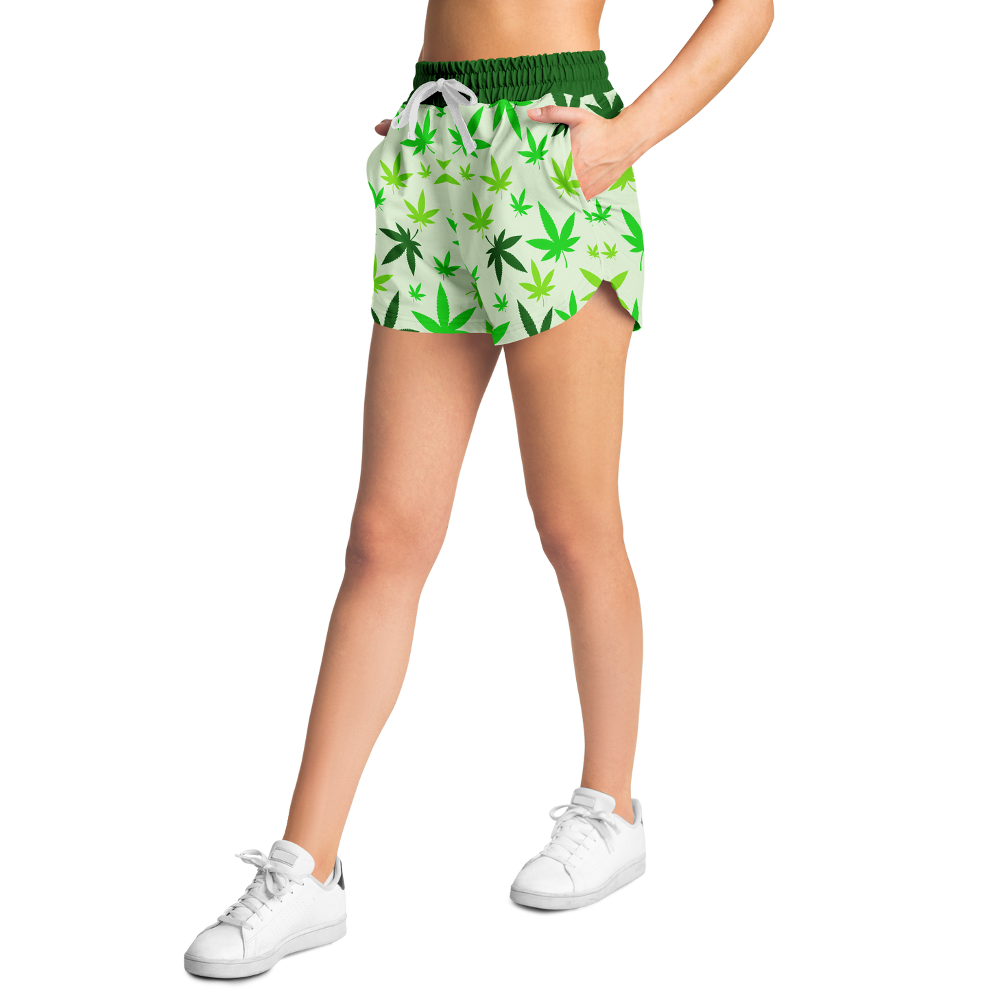 Model wearing High Vibe Shorts side view with cannabis leaf pattern