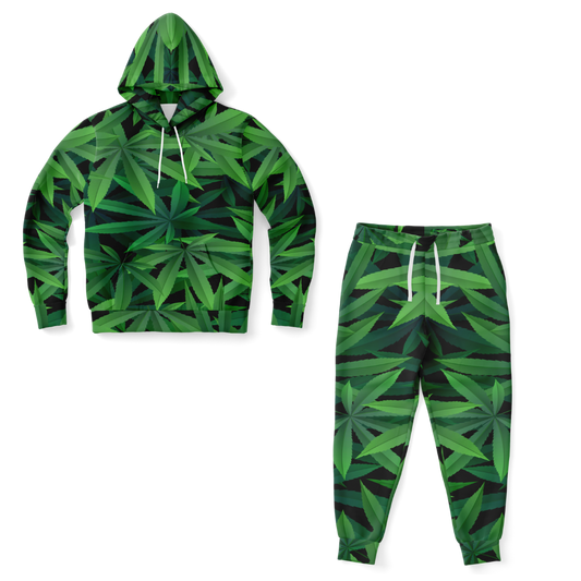 Front view of Leaves Print co-ord set with green hoodie and joggers laid flat