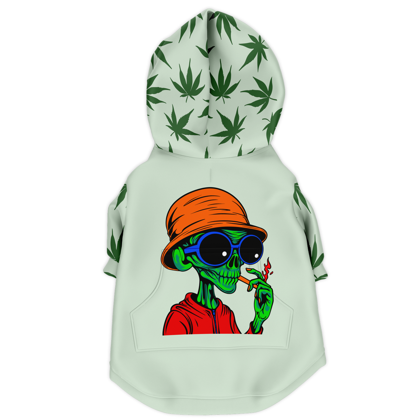 Back view of leaves print dog hoodie featuring cartoon patch design