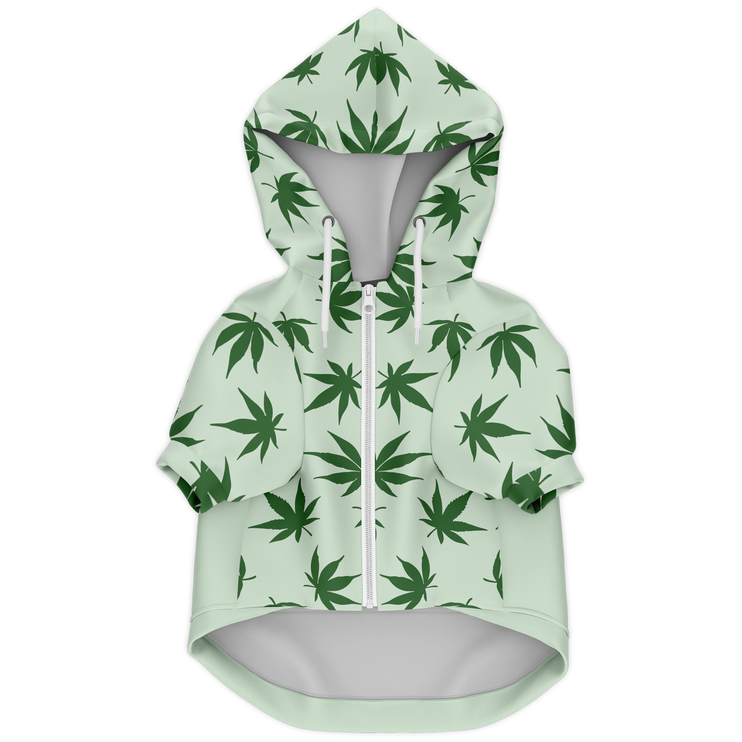 Front flat lay of leaves print dog hoodie with zipper and hood