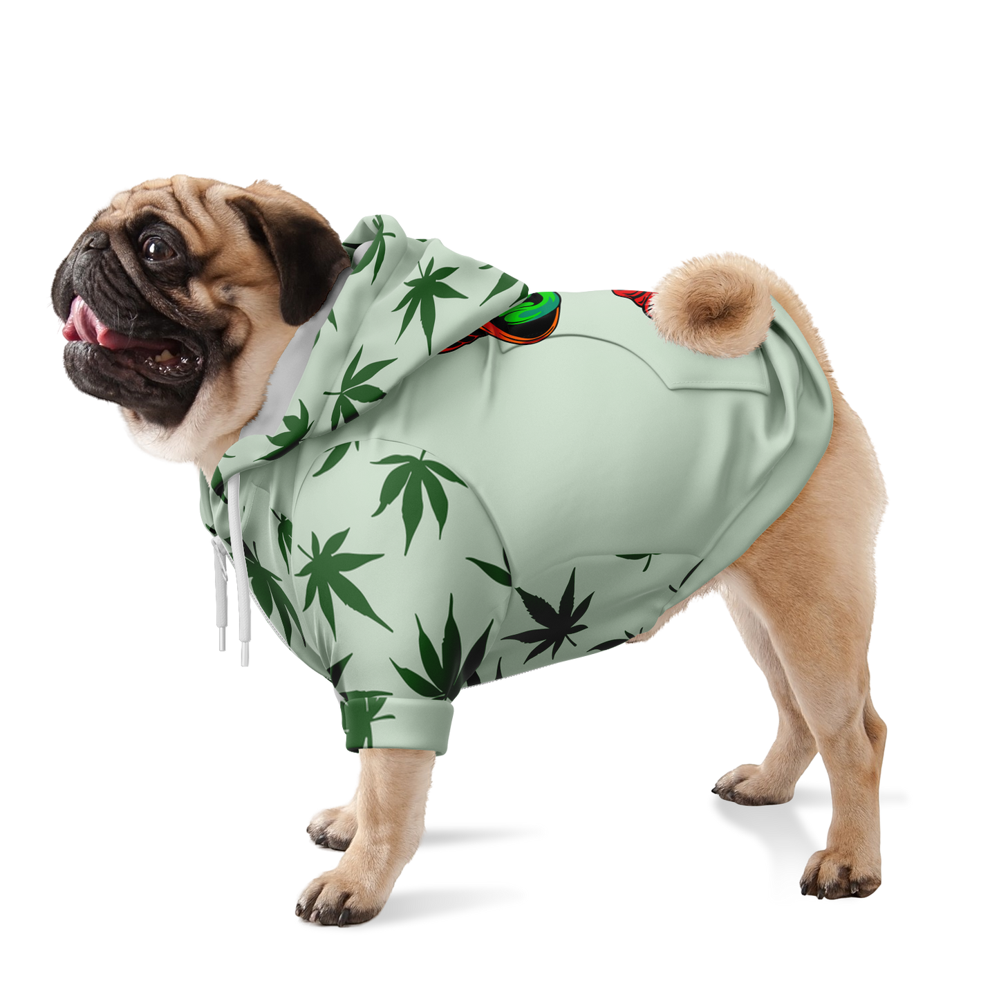 Dog standing in leaves print hoodie with front pocket and printed hood