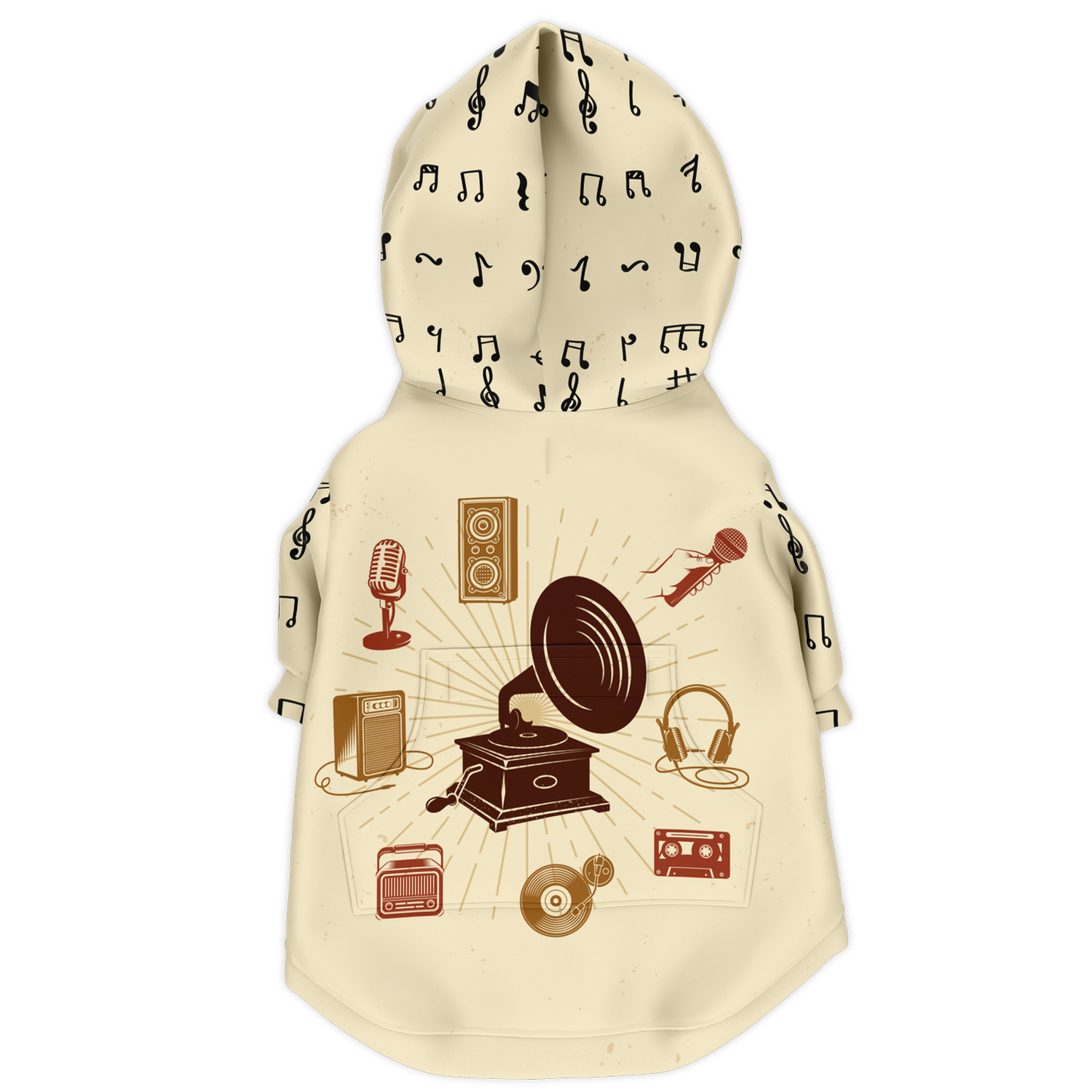 Back view of Melody Beige dog hoodie featuring vintage musical design