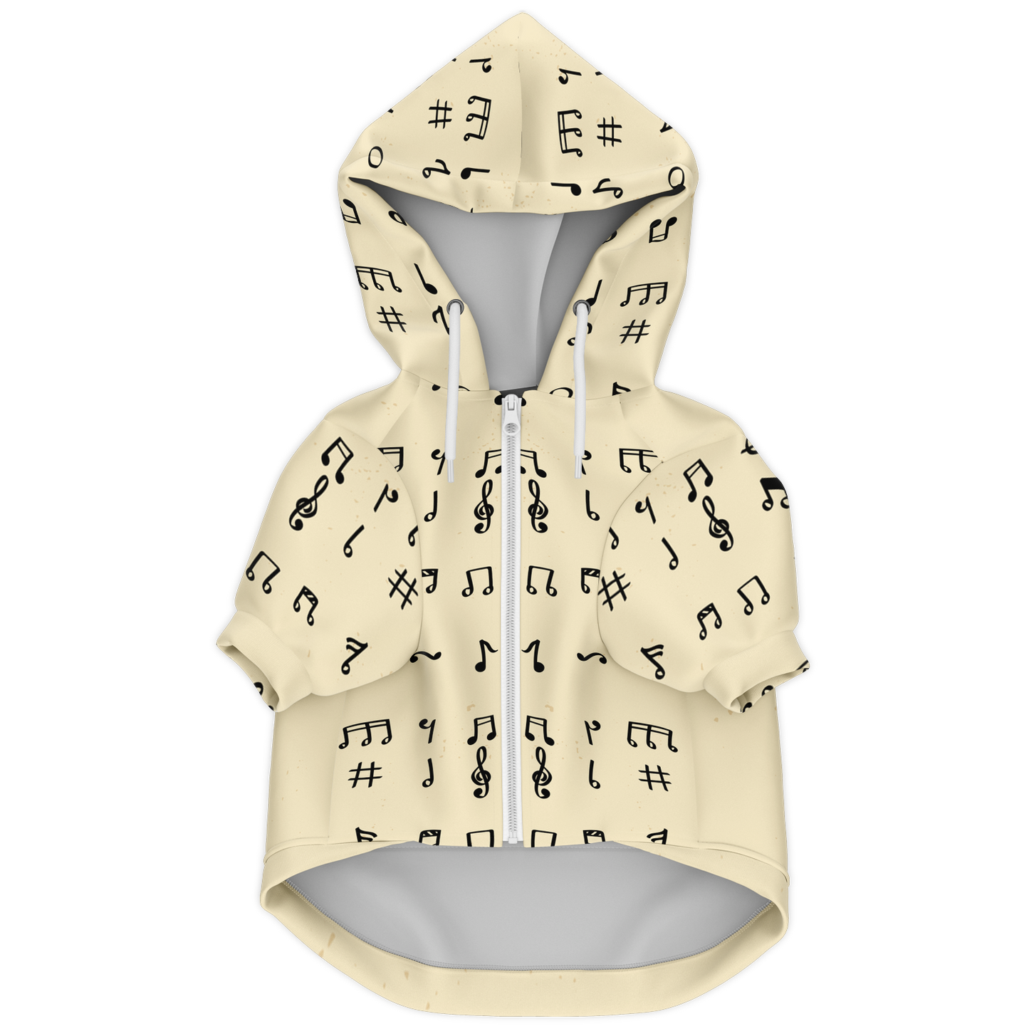 Front flat lay of Melody Beige dog hoodie with black music note pattern and zipper