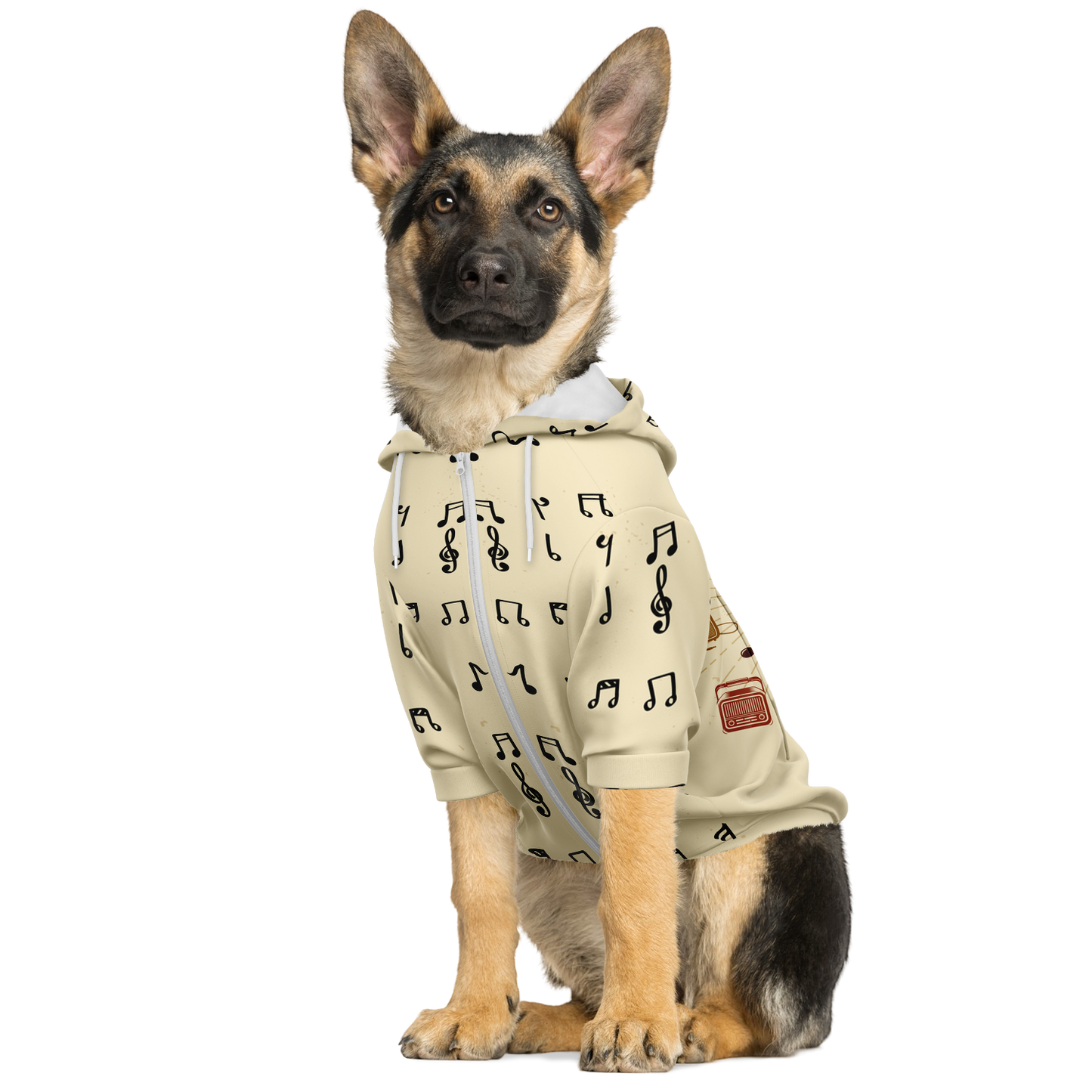 Dog sitting in Melody Beige hoodie with music notes on light beige background