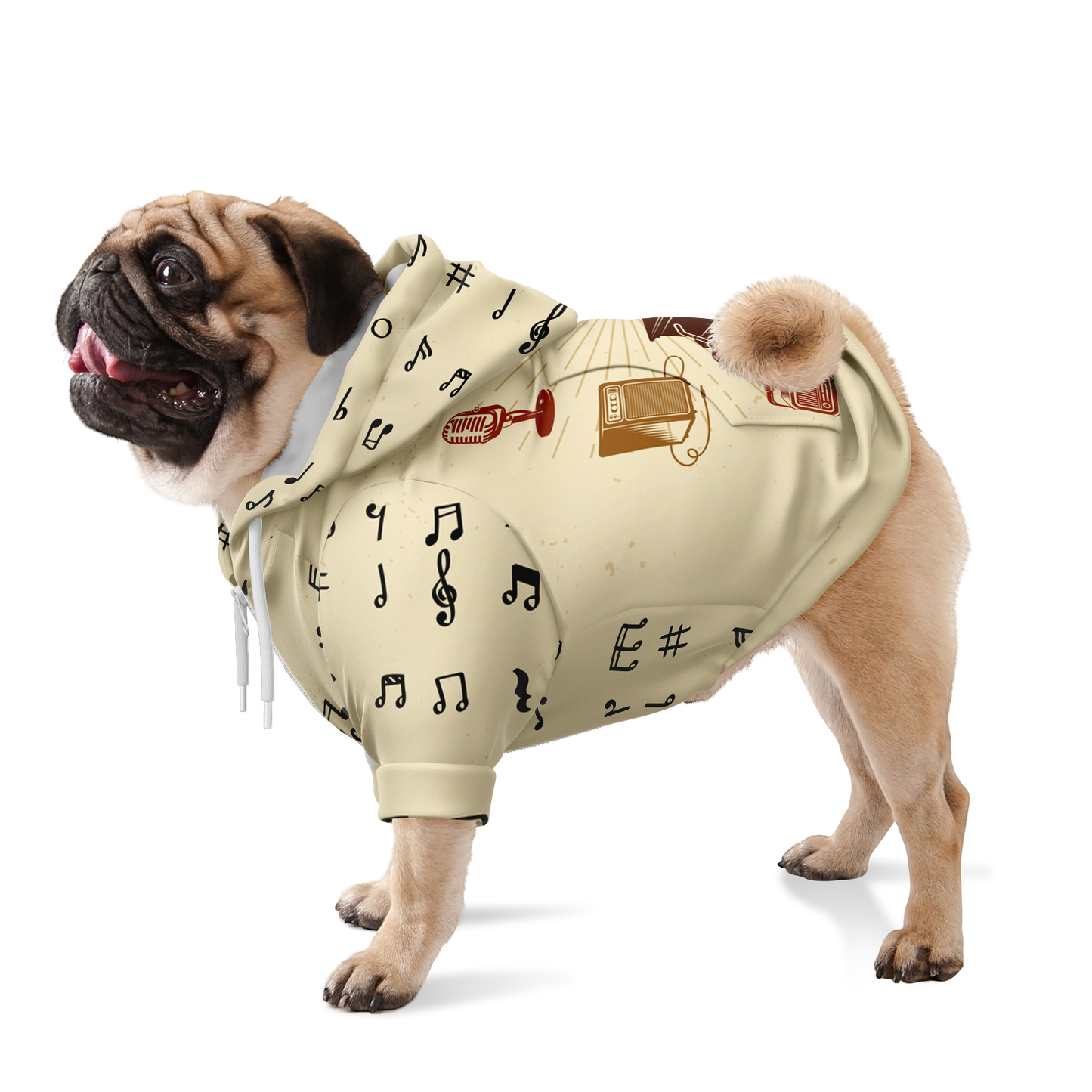 Dog standing in Melody Beige hoodie with all-over retro music print