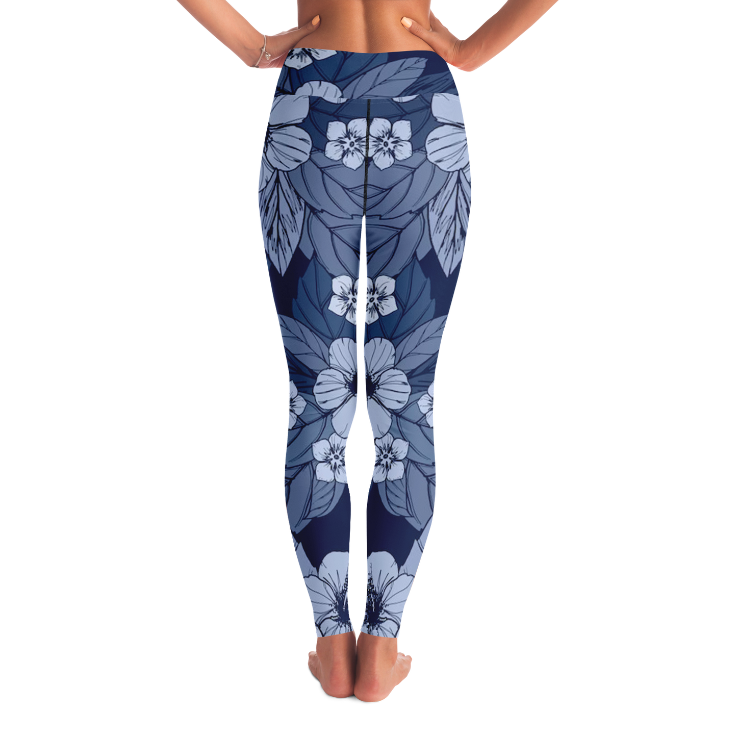 Midnight Bloom Leggings – Back view showing graceful blossoms over a midnight blue base